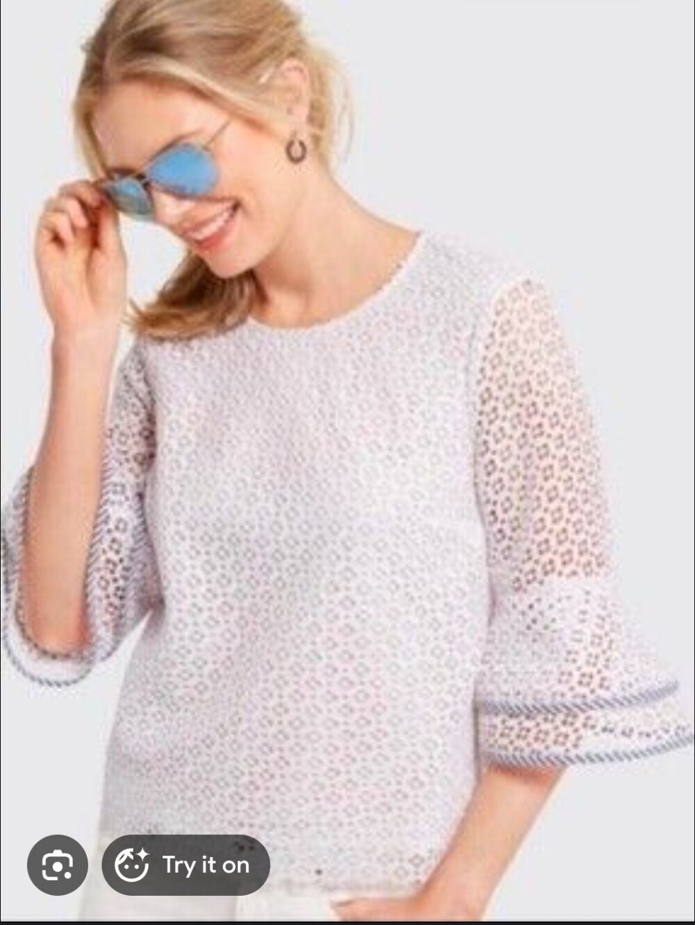 Draper James Women's White Lattice Double Bell Geometric Blouse Top. Sz 10 NWT
